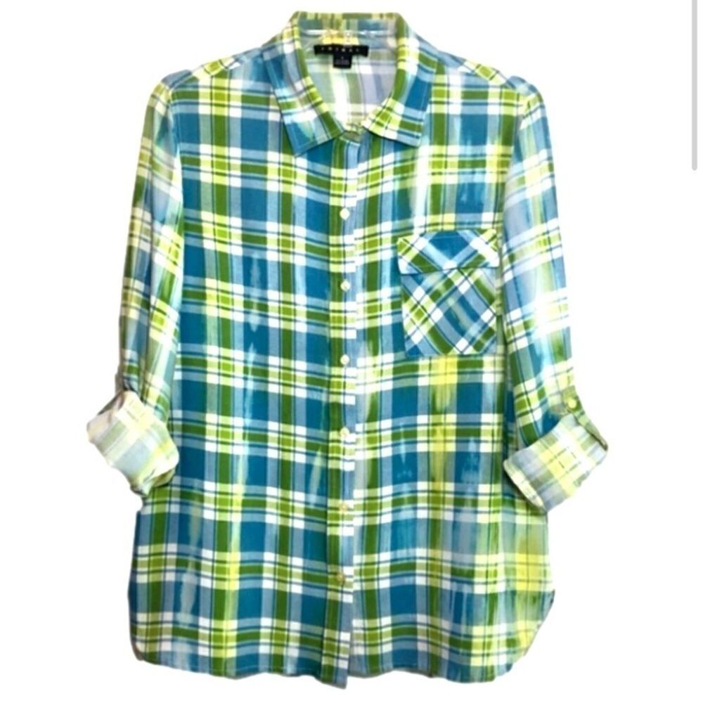 Tribal Plaid Cuffed Long Sleeve Button Down in Green/Blue Women’s Small